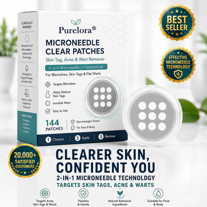 🍀Made in AU•💯 180-Day Guarantee---Purelora®2-in-1 Microneedle & Hydrocolloid Patch| Removes Raised Moles, Acne, Flat Warts & Skin Tags | Helps Improve Wrinkles, Scars & Blemishes | Invisible Patches for Face & Body